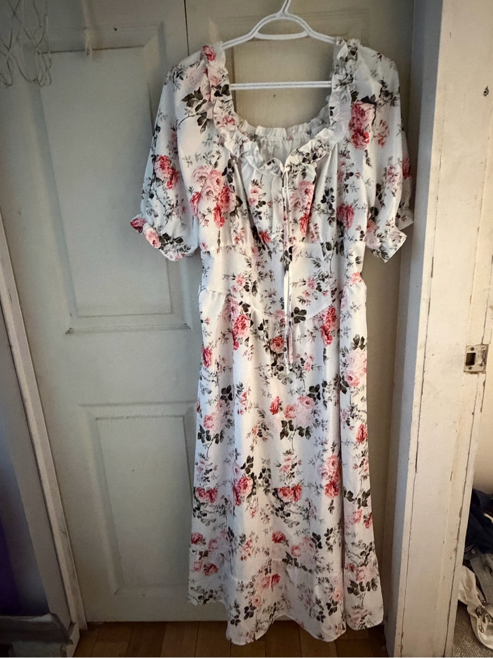 White Maxi Dress with Pink Rose Floral Print